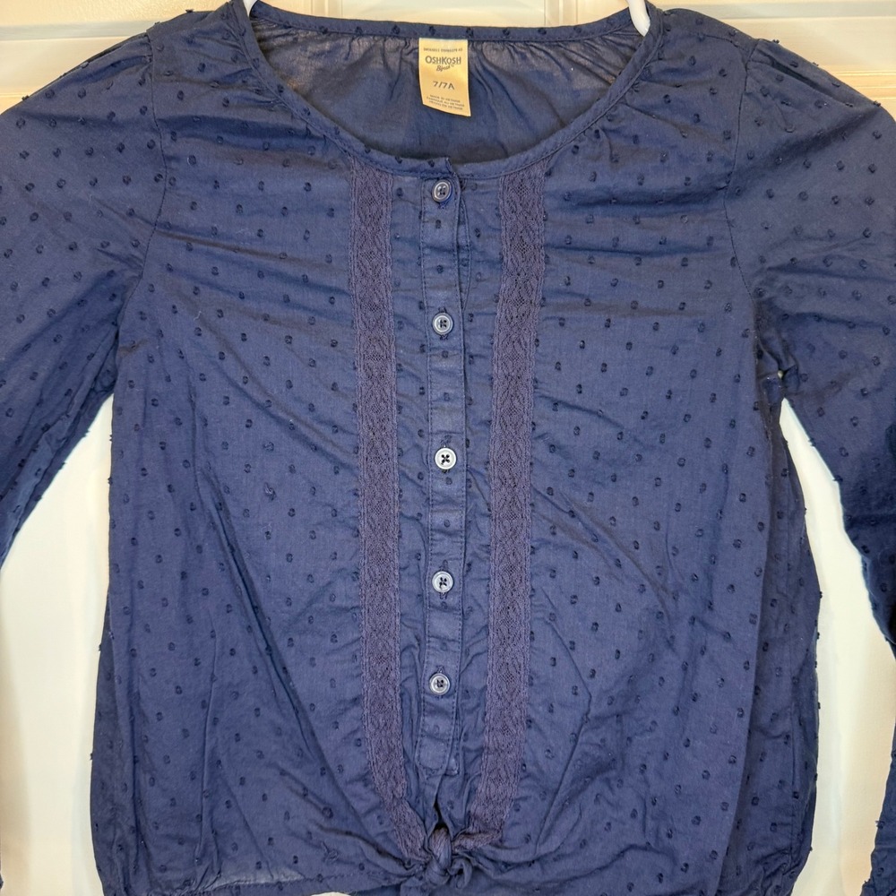Oshkosh B'gosh Girls Navy Blue Swiss Dot Tie Front Long Sleeve Shirt Size 7/7A - Picture 2 of 5
